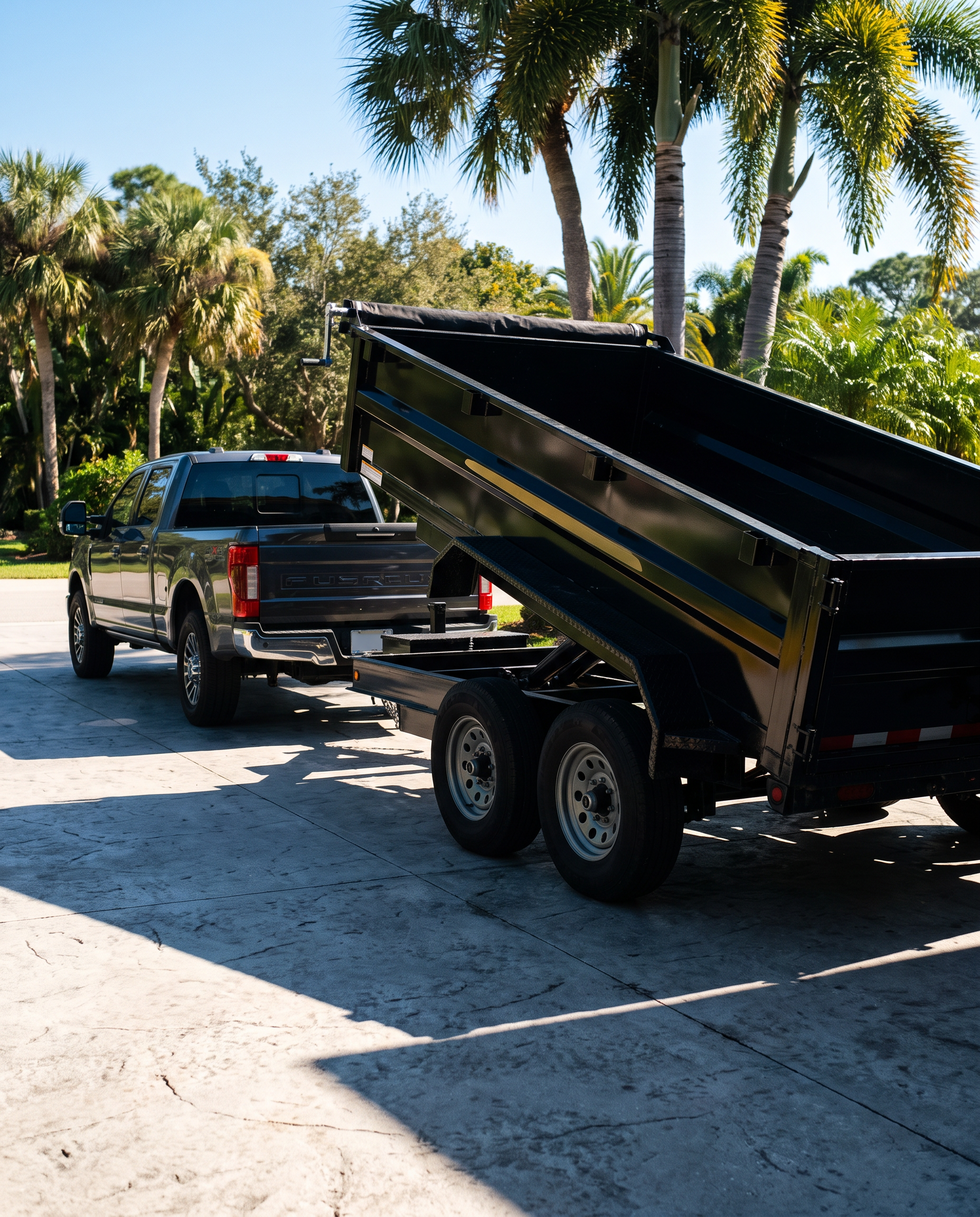 Dump trailer hitched to a pickup truck, ready to tow