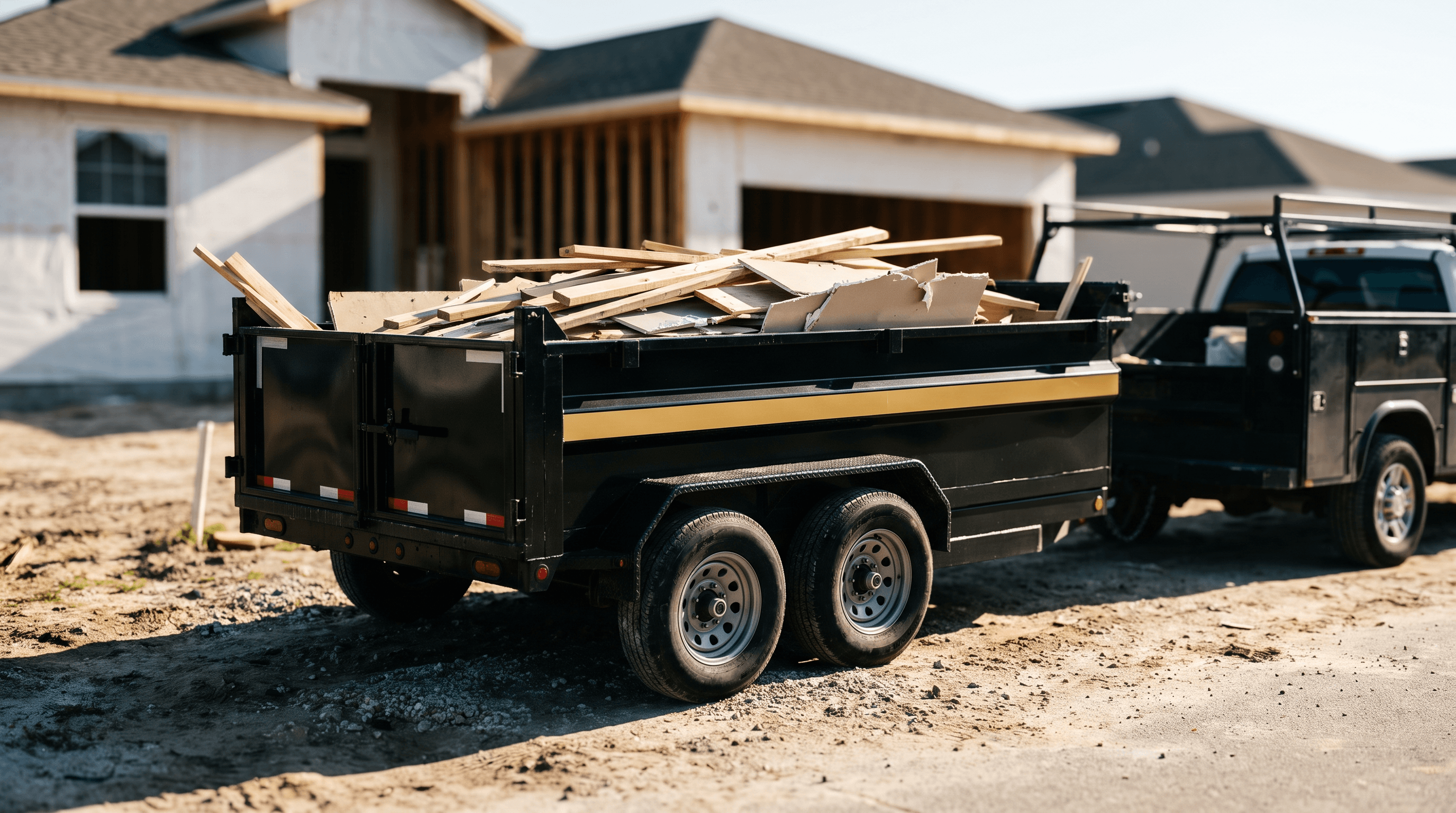 Dump trailer parked at an active construction job site
