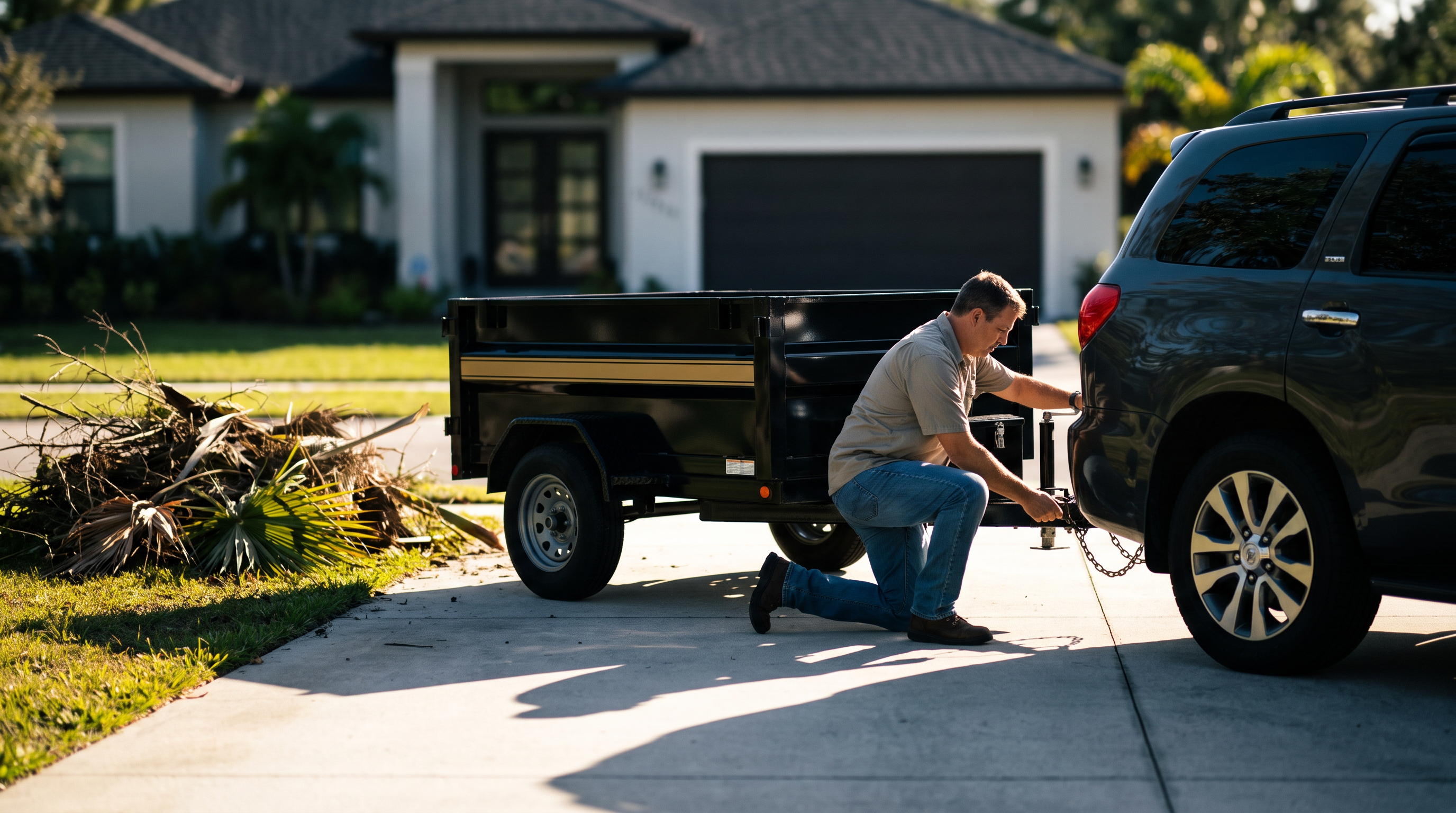 Homeowner hitching a dump trailer to tow home