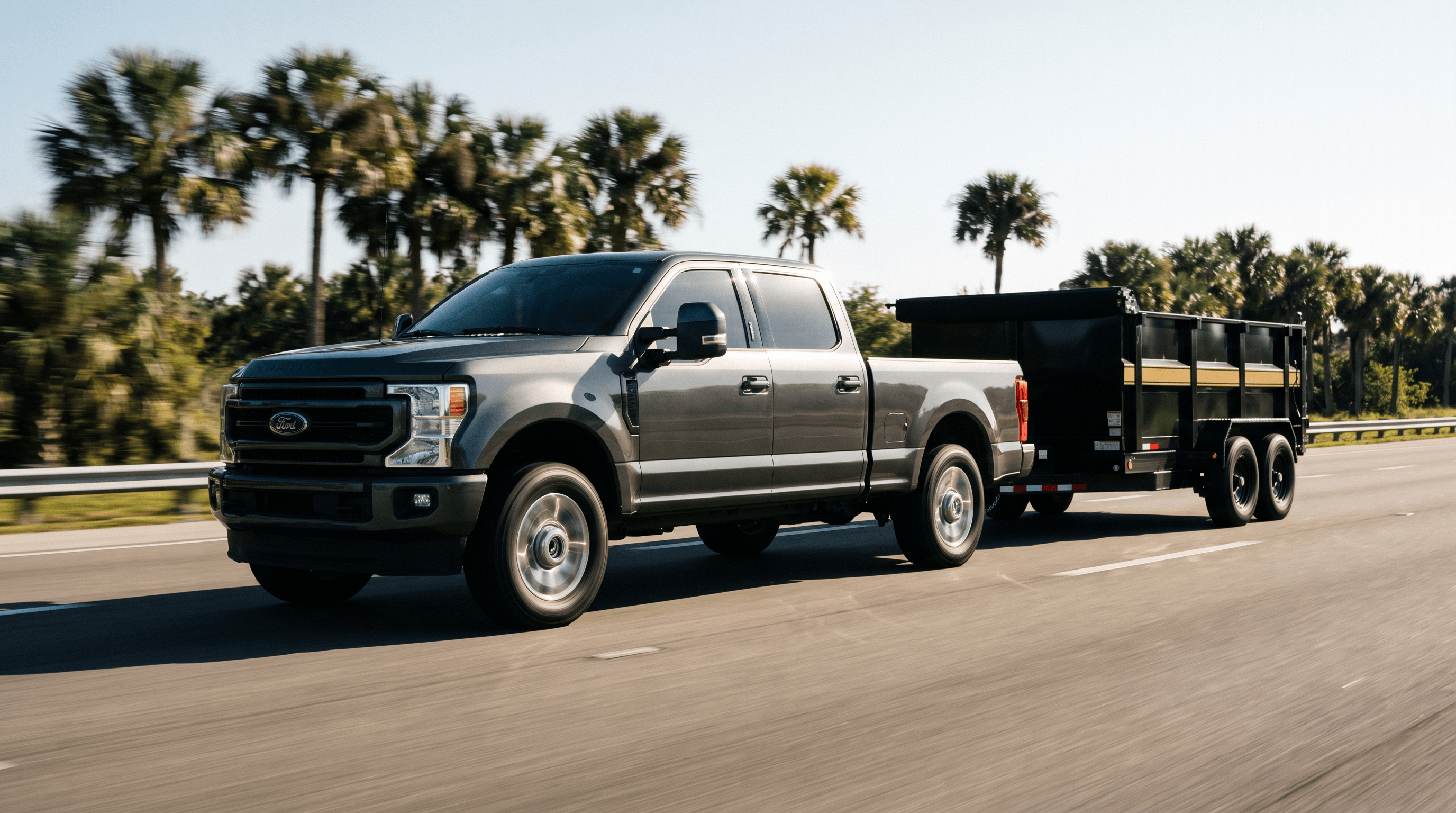 Truck towing a dump trailer down a Florida road