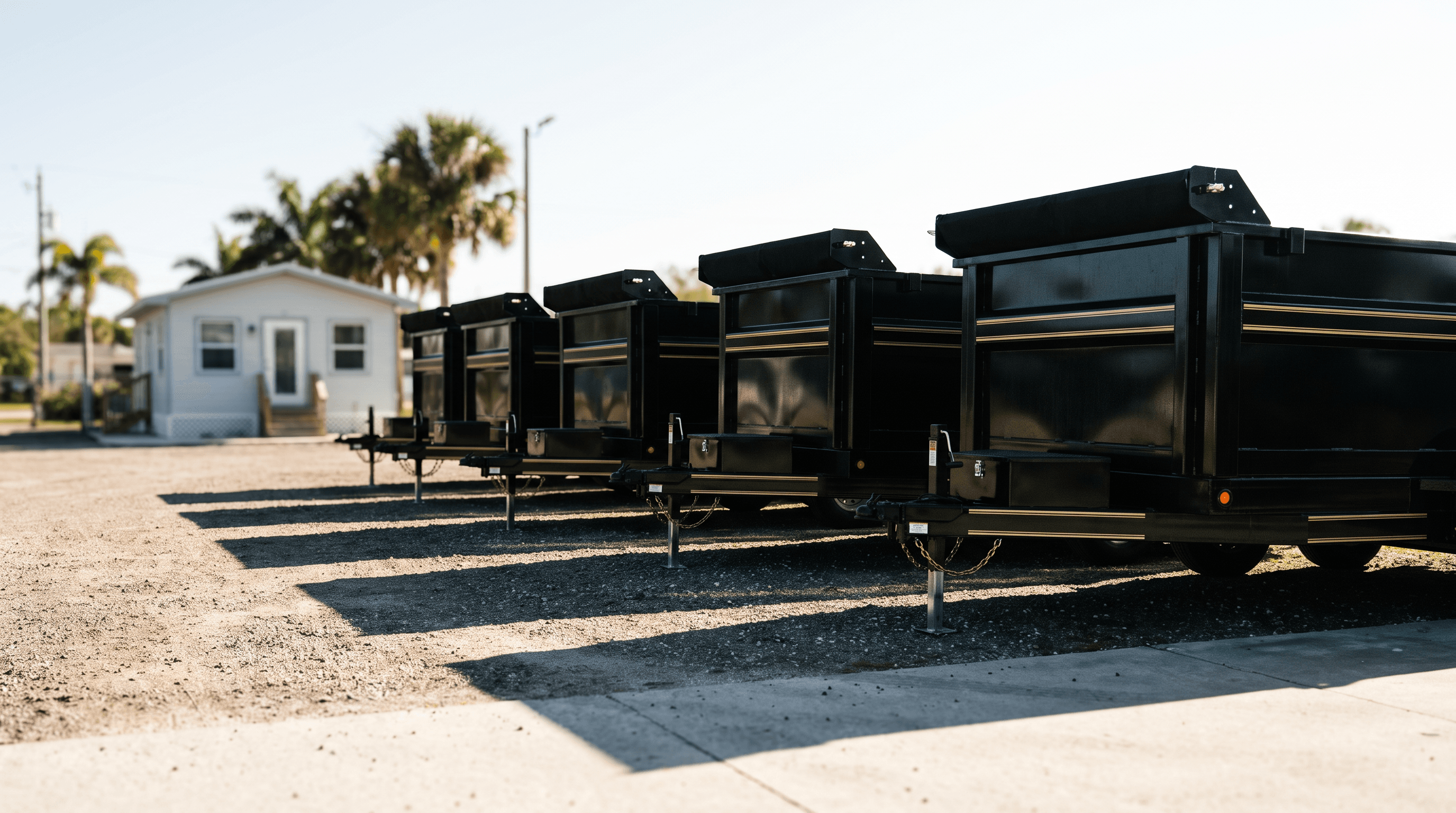 Fleet of dump trailers lined up at the M Dump Trailers yard
